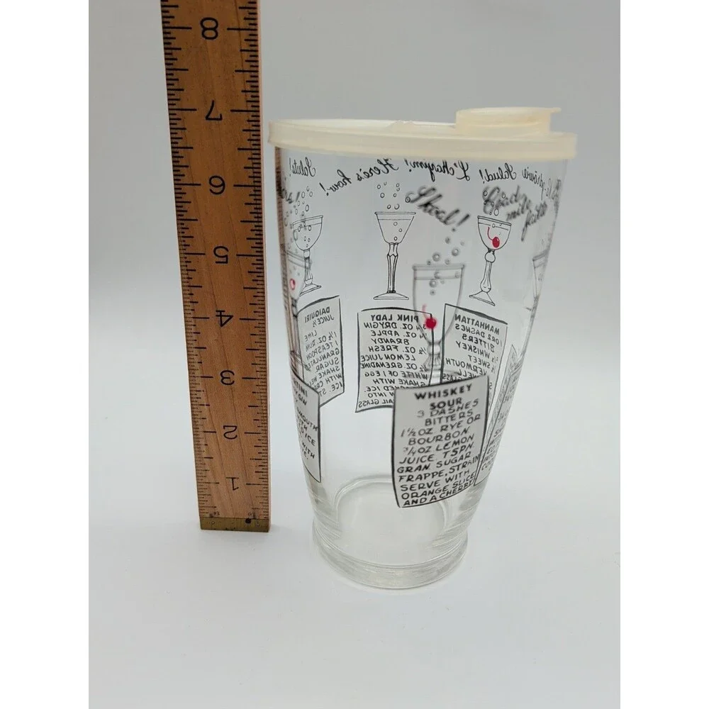 Vtg MCM XLarge 32-Oz Glass Cocktail Shaker Recipes 2 Lids Martini Daiquiri